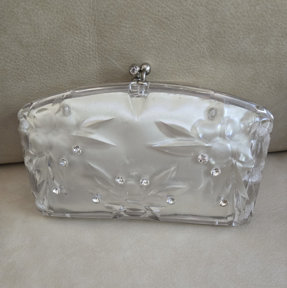 Vintage Clear Lucite Clutch Purse Carved Flowers Rhinestones Kiss Clasp Satin